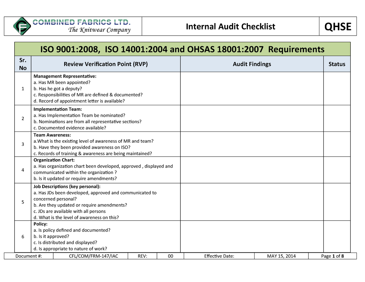 download iso 9001 internal audit checklist xlsx